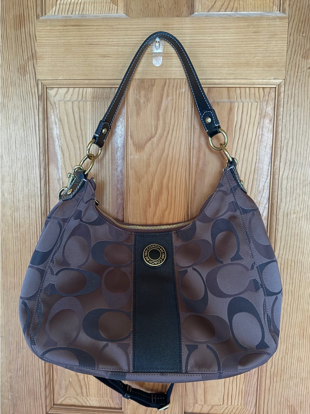 Coach Brown Signature Canvas Hobo with Black Trim